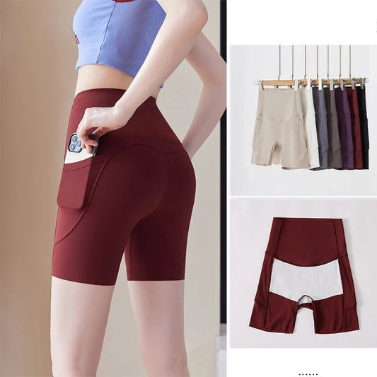 High Waist Women's Yoga Sports Shorts Fitness Casual Streetwear Tight Workout with Pocket Gym shorts with underwear included