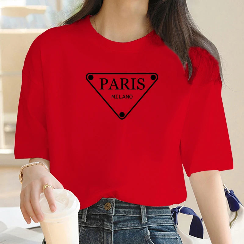 Luxury Brand Fashion Triangular Parisian alphabet Printed Crew Neck Clothing Short Sleeve T-Shirt Trend Women's Summer Y2K Top