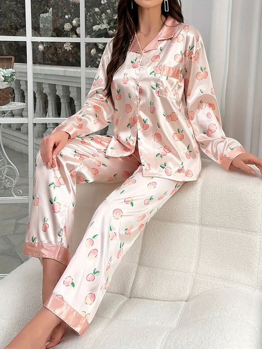 Women's simulated silk colored Ding home suit peach patterned pajamas women's set