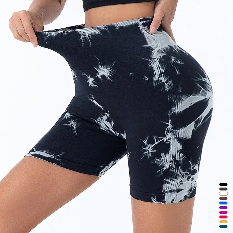 Women High Waist Yoga Shorts Gym Seamless Fitness Workout Running Shorts Summer Tie Dye Outdoors Sport Shorts