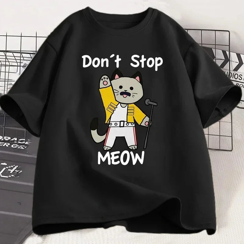 Funny Cat Print T-shirt Retro Music T-shirt Casual Short Sleeve Women Clothing Graphic T Shirts Harajuku Aesthetic Clothes Y2K