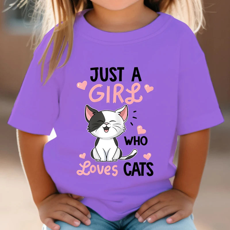 Just A Girl Who Loves Cats Tshirt Girls Y2k Harajuku Animal Summer Fashion Kids Clothes Funny Graphic Cute Cat Lover Streetwear