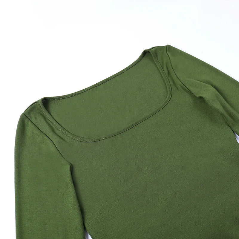 2022 Square Collar Long Sleeve Casual Women T Shirts Green Autumn Skinny Sexy Solid Basic Crop Tops Fashion Streetwear