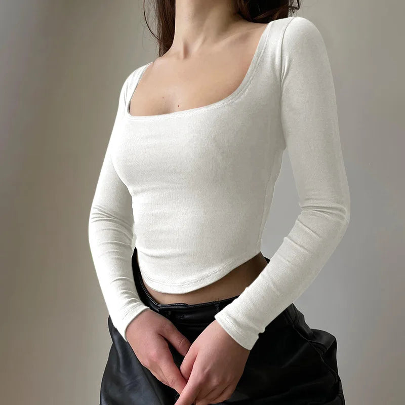 2022 Square Collar Long Sleeve Casual Women T Shirts Green Autumn Skinny Sexy Solid Basic Crop Tops Fashion Streetwear