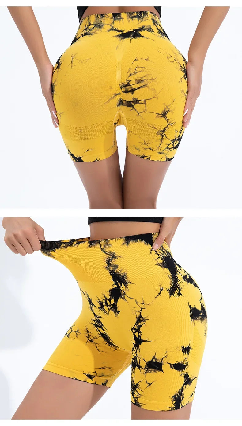 Women High Waist Yoga Shorts Gym Seamless Fitness Workout Running Shorts Summer Tie Dye Outdoors Sport Shorts