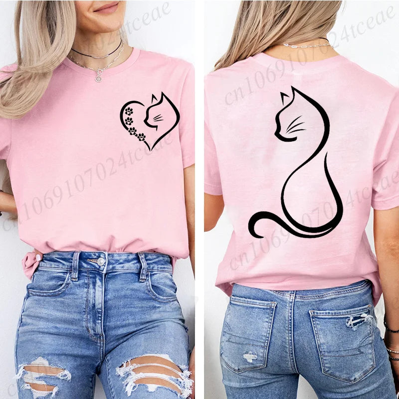 Women Love Heart Cat Print T-Shirt Clothing Girl Round Neck Funny Cat T-Shirts Casual Y2K Harajuku Streetwear Top Graphic Tees