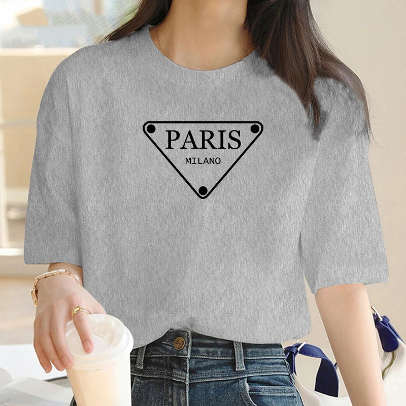 Luxury Brand Fashion Triangular Parisian alphabet Printed Crew Neck Clothing Short Sleeve T-Shirt Trend Women's Summer Y2K Top