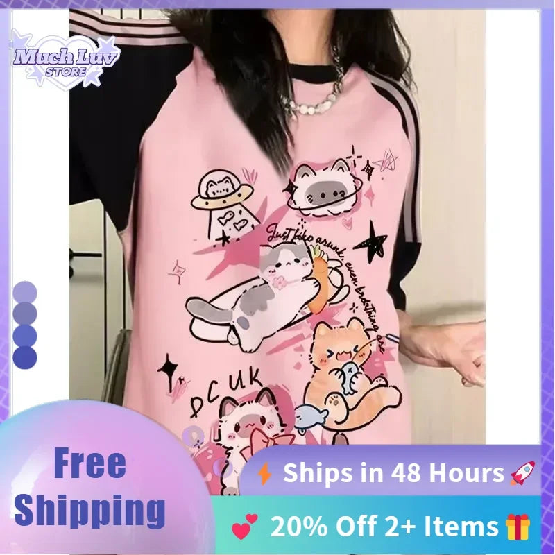 Adorable Cat Print Graphic T-Shirt Black & Pink Raglan Sleeve Women's Tee 100% Cotton Summer Y2K Kawaii Clothes Cute Casual Top