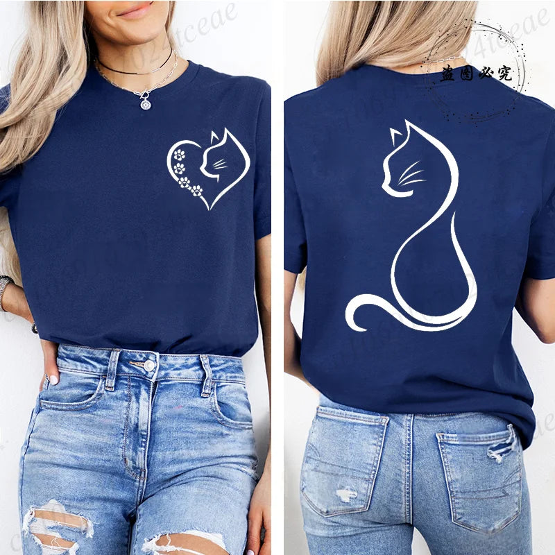 Women Love Heart Cat Print T-Shirt Clothing Girl Round Neck Funny Cat T-Shirts Casual Y2K Harajuku Streetwear Top Graphic Tees