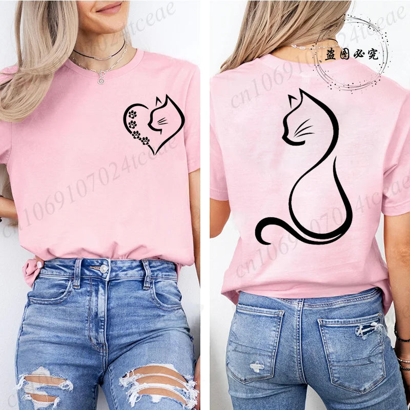 Women Love Heart Cat Print T-Shirt Clothing Girl Round Neck Funny Cat T-Shirts Casual Y2K Harajuku Streetwear Top Graphic Tees