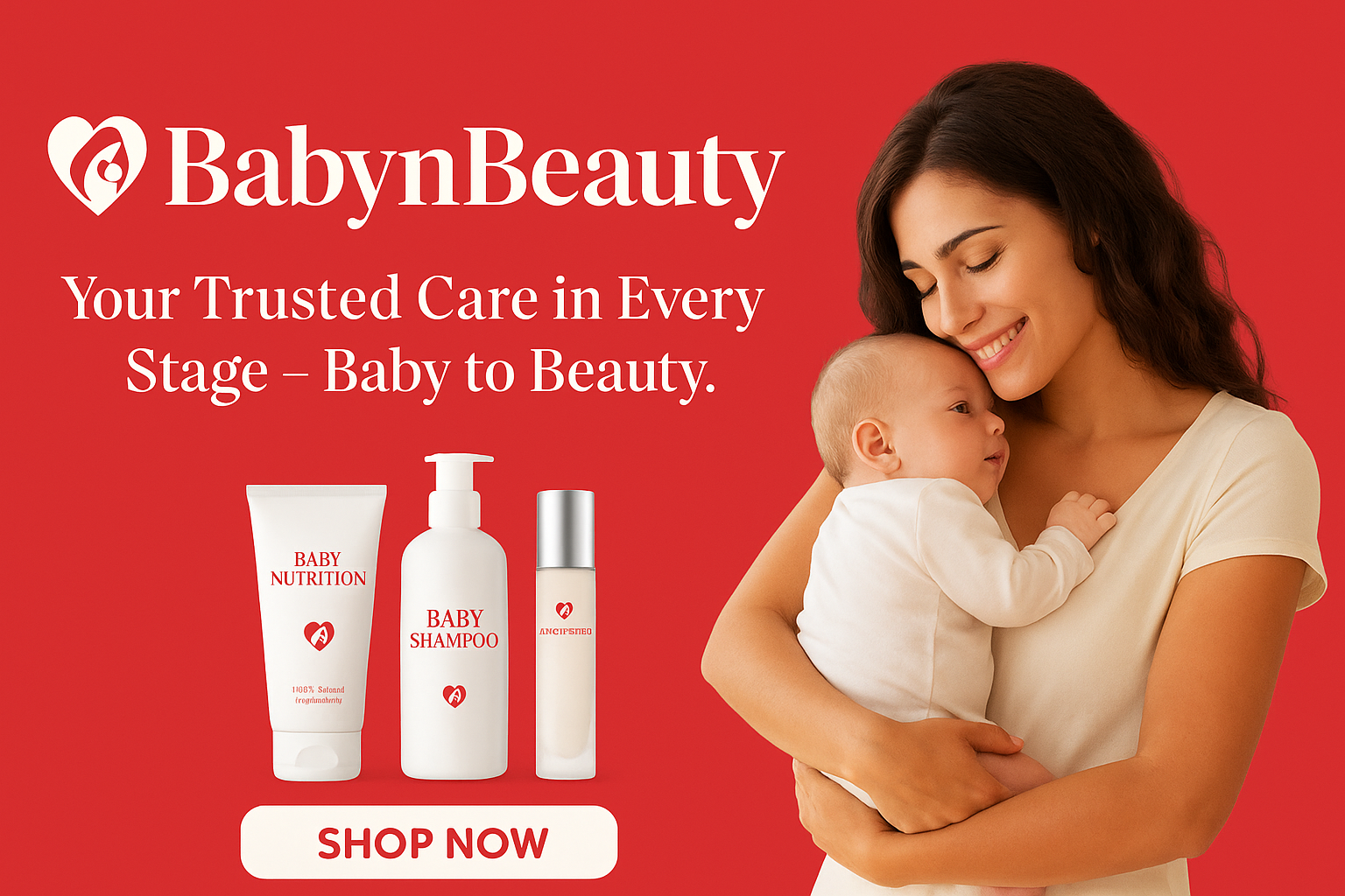 Woman holding a baby with BabynBeauty products on a red background