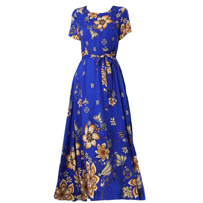 Women's Noil Poplin Dress Ethnic Style Summer Artificial Cotton Slim Fit Large Swing Skirt Short Sleeve