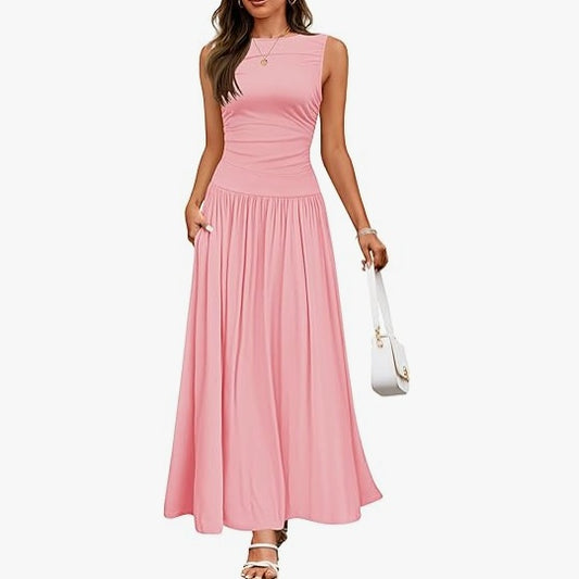 Women's Summer Sleeveless Maxi Dress Casual Round Neck Pleated Elegant Maxi Dress With Pockets