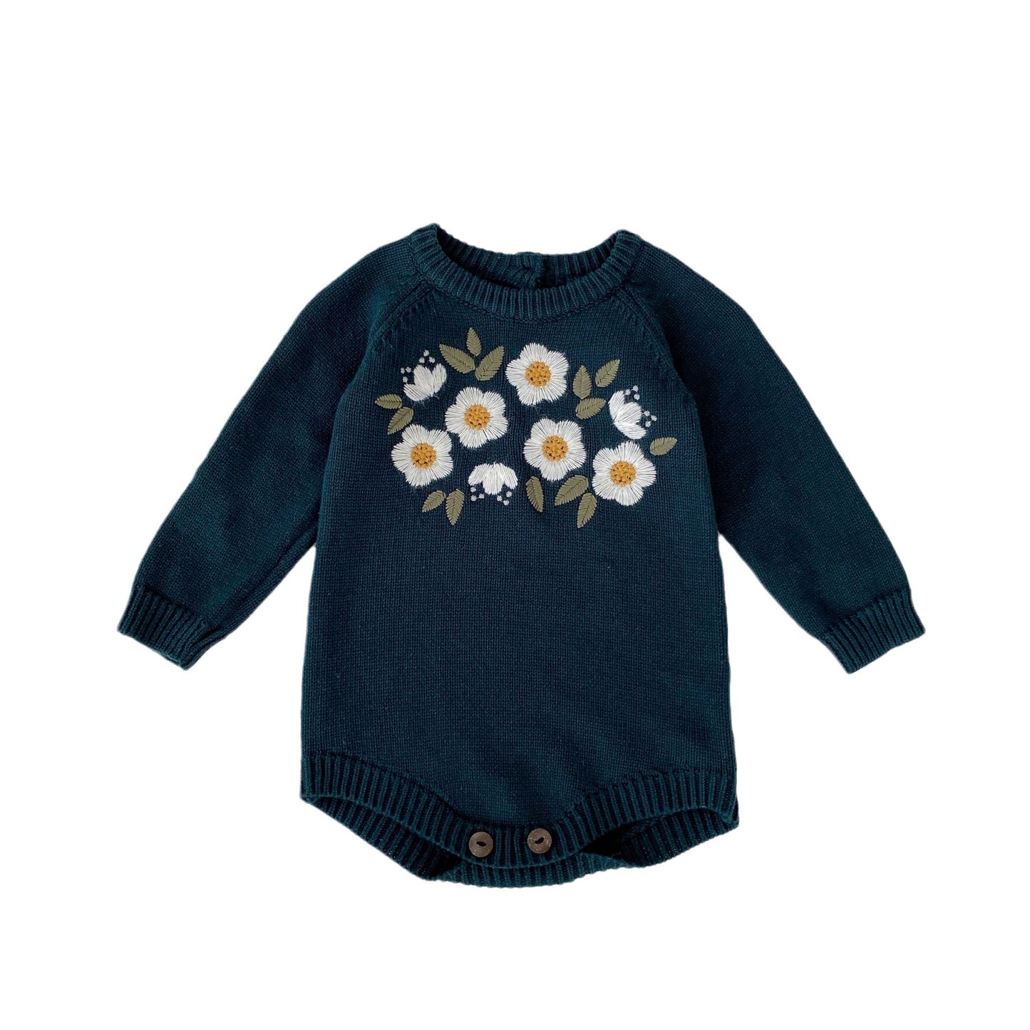 Baby Girl's Dark Green Embroidered Long Sleeve Baby Bodysuit Triangle Rompers