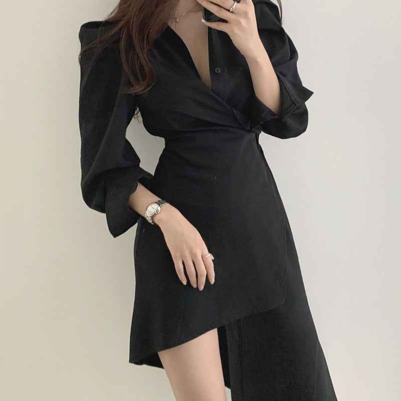 Temperament Lapel Waist Irregular Shirt Dress Women