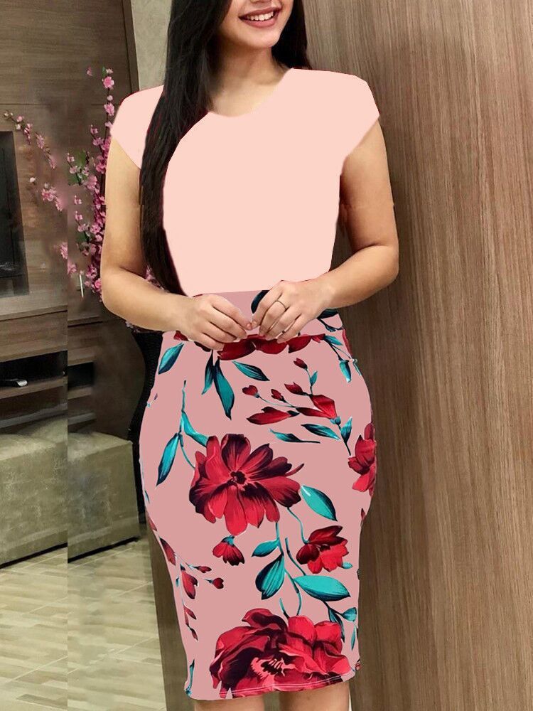Women's Round Neck Multicolor Flower Sheath Dress - BabynBeauty