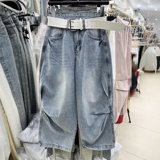 Loose Slimming Washed-out Vintage Blue Banana Pants Pinch Pleated Design Sense Matchet Pants