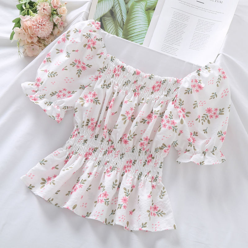 Korean Style Sweet Waist-tight Puff Sleeve Off-shoulder Square Short Sleeve