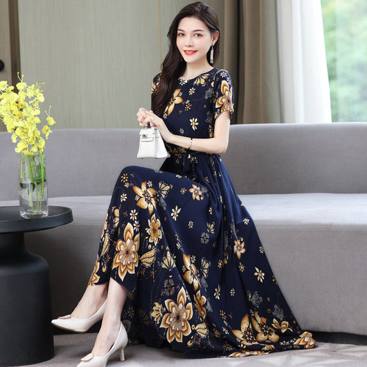 Women's Noil Poplin Dress Ethnic Style Summer Artificial Cotton Slim Fit Large Swing Skirt Short Sleeve