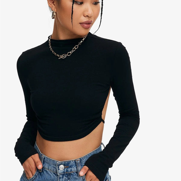 Crop Top Solid Tie Backless Curved Hem - BabynBeauty