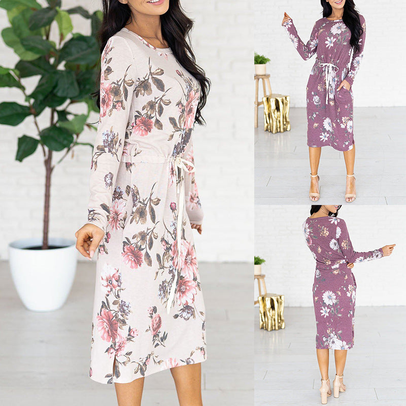 Women Printed Long Sleeve Round Neck Waist Pocket Dress