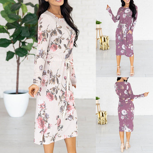 Women Printed Long Sleeve Round Neck Waist Pocket Dress
