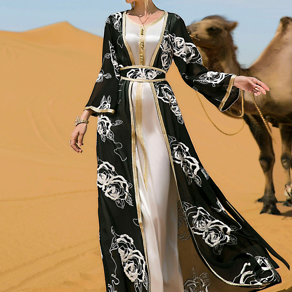 Black And White Flower Embroidery Two-piece Ladies Long With Belt Ethnic Style Dress