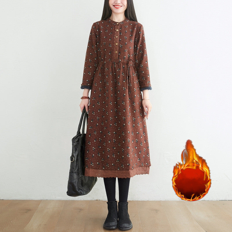 Ethnic Printed Plush Fitted Long Sleeve Dress