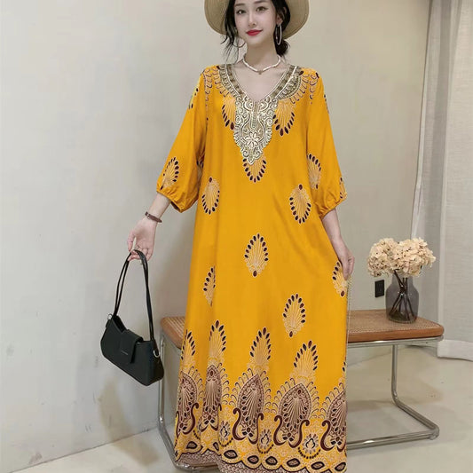 Women's Summer Ethnic Style Noil Poplin Dress