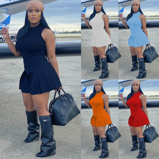 Fashion Casual Solid Color Round Neck Pleated Slim Vest Pants Group Sports Two-piece Set