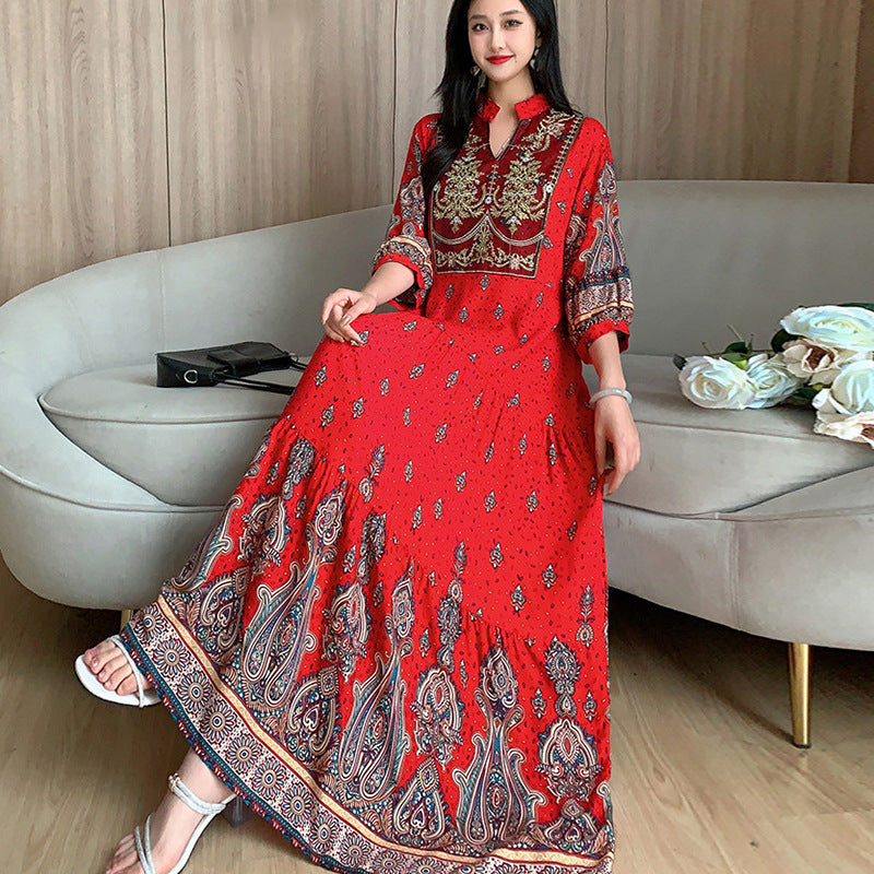 Long Skirt, Ethnic Style Dress, Women's Summer Cotton Silk Floral Print