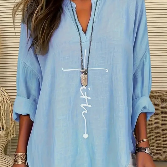Women'S V-Neck Long Sleeve Shirt With Letter Print