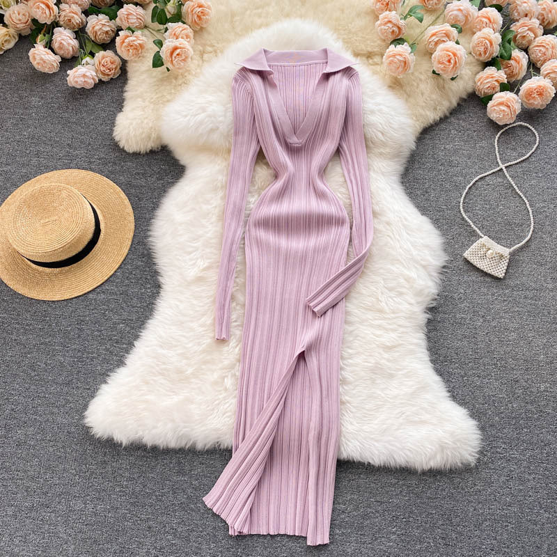 Feminine Waist And Hip Stretch Knitted Long Sleeved Split Hip Skirt