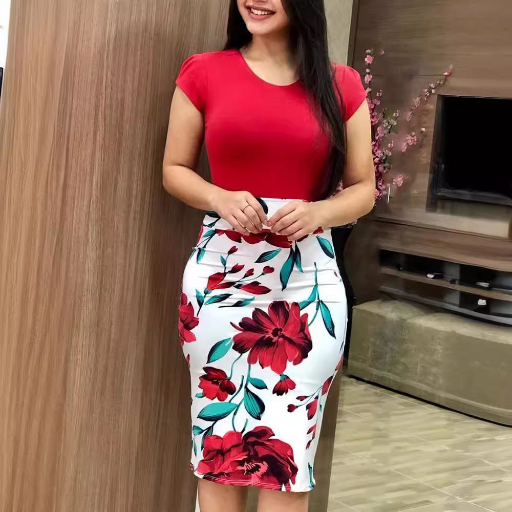 Women's Round Neck Multicolor Flower Sheath Dress - BabynBeauty