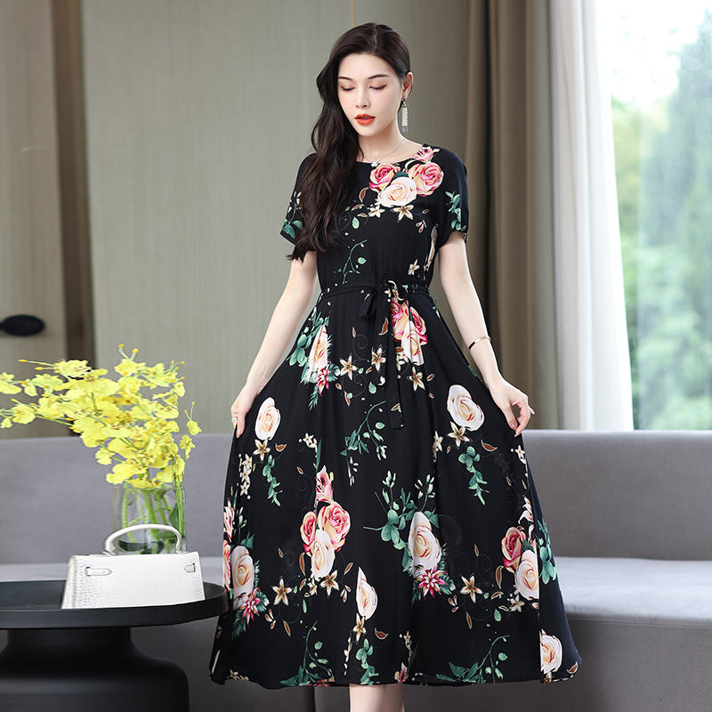 Women's Noil Poplin Dress Ethnic Style Summer Artificial Cotton Slim Fit Large Swing Skirt Short Sleeve