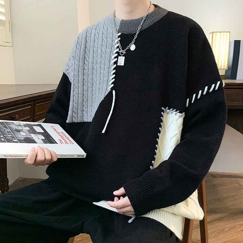 Ins Colorblock Pullover Sweater Winter Fashion Long Sleeve Knitted Top Men's Clothing