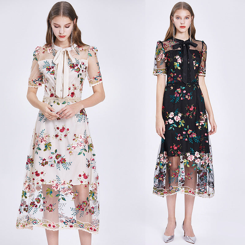 Mesh Embroidered Flower Short-sleeved Dress - BabynBeauty