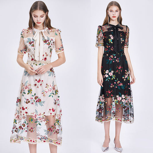 Mesh Embroidered Flower Short-sleeved Dress - BabynBeauty