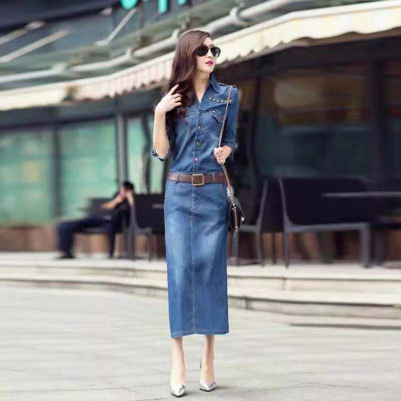 Long Sleeve Slim Fit Slimming Belly-covering Sheath Denim Dress
