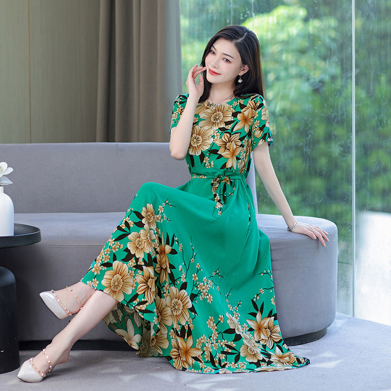 Women's Noil Poplin Dress Ethnic Style Summer Artificial Cotton Slim Fit Large Swing Skirt Short Sleeve
