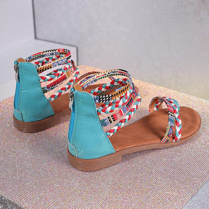 Ethnic Style Colorful Stitching Large Size Flat Bottom Sandals