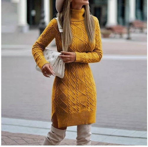 Fashion Turtleneck Knitted Dress With Slit Design Winter Warm Solid Color Pullover Long Sweater Women's Clothing - BabynBeauty