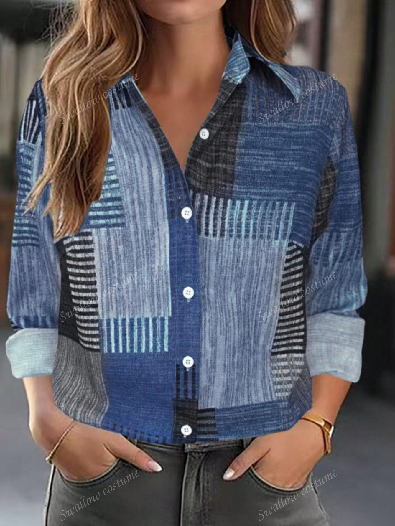 Color Block Button Print Long Sleeve Casual Retro Shirt