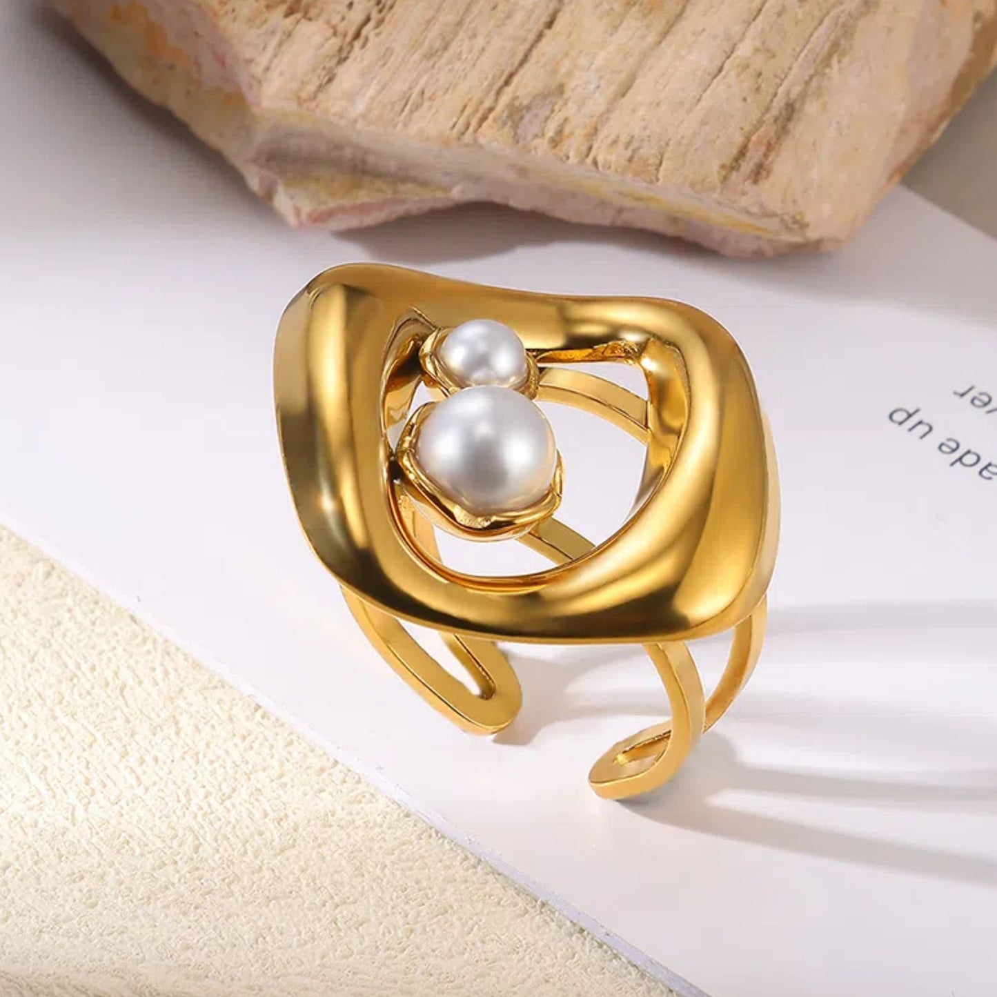 Stainless Steel Golden Pearl Ring Shaped Exaggerated