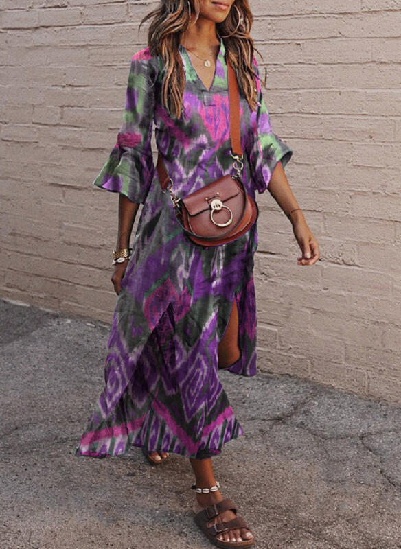 Women's Ethnic V-Neck Flared Sleeve Print Dress