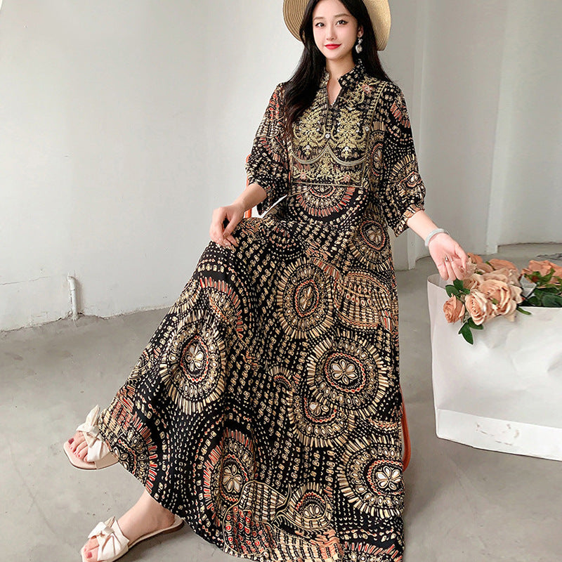 Long Skirt, Ethnic Style Dress, Women's Summer Cotton Silk Floral Print