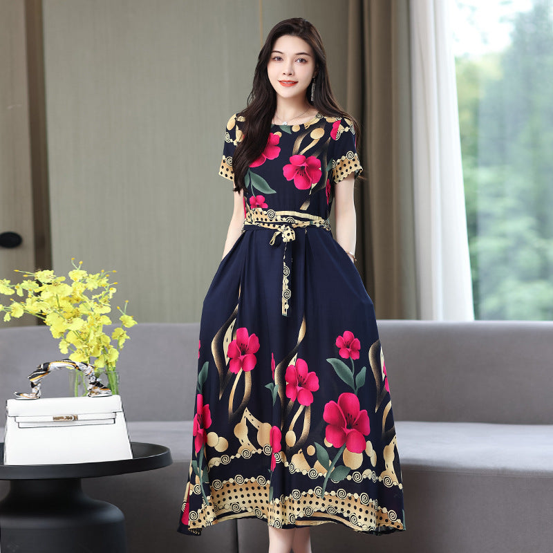 Women's Noil Poplin Dress Ethnic Style Summer Artificial Cotton Slim Fit Large Swing Skirt Short Sleeve