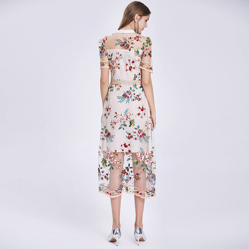 Mesh Embroidered Flower Short-sleeved Dress - BabynBeauty