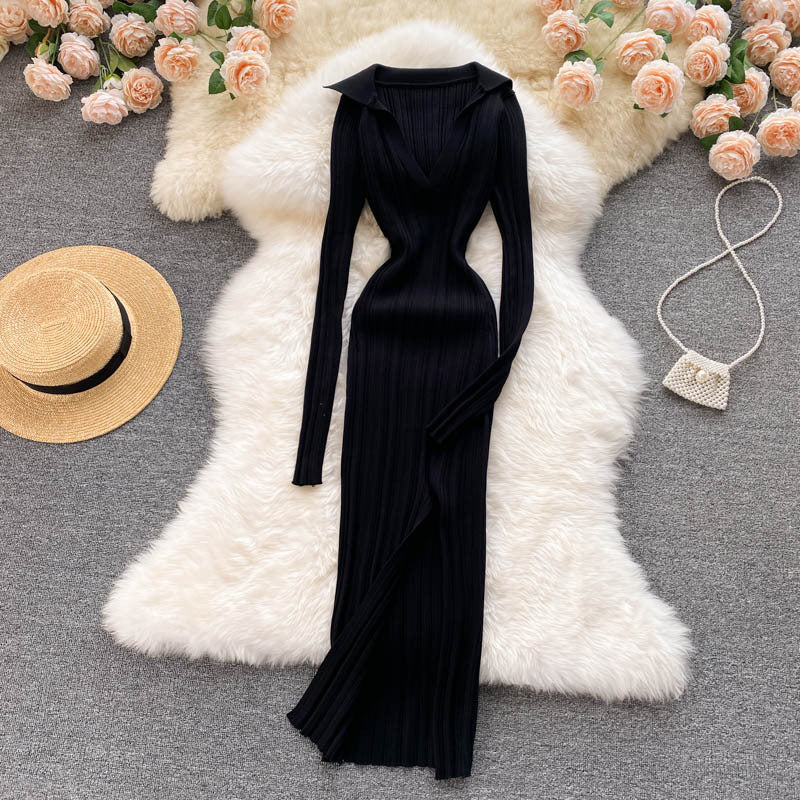 Feminine Waist And Hip Stretch Knitted Long Sleeved Split Hip Skirt