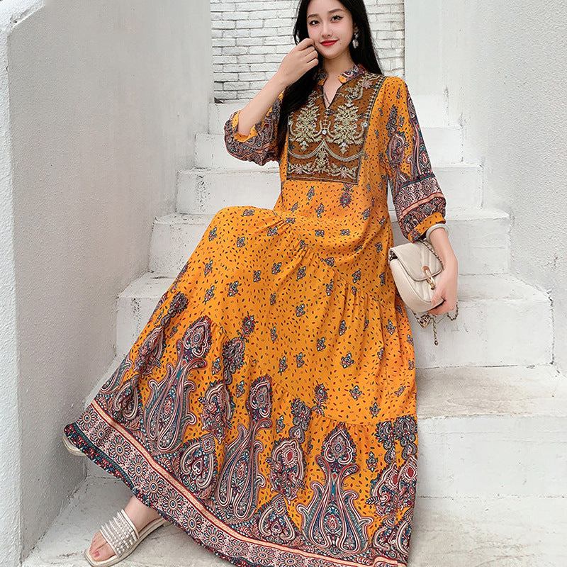 Long Skirt, Ethnic Style Dress, Women's Summer Cotton Silk Floral Print
